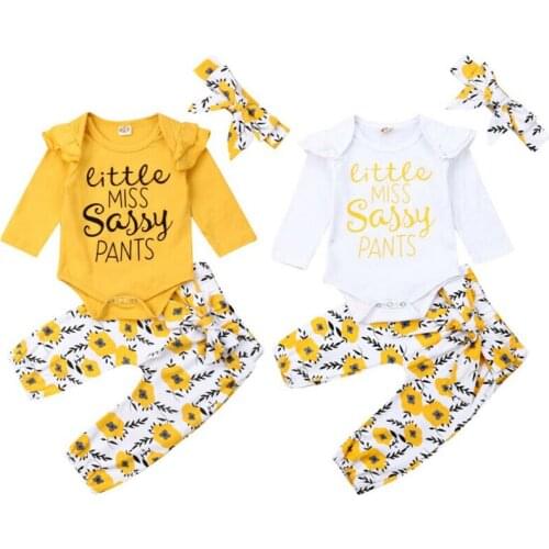 Newborn Baby Girl Ruffle Sassy Top Romper Long Pants Headband Outfits Clothes