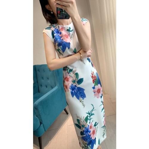2020 New Summer Collections England Elegant Bodycon Cap Sleeve Floral Print Pencil Midi Dress