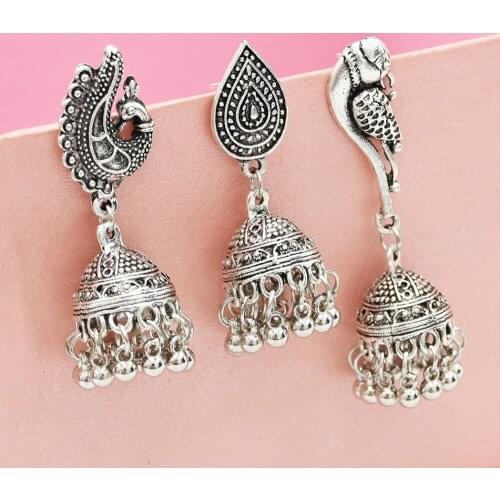 Indian jhumkas Bells Tassel Drop Earrings Jewelry Earrings color Metal Peacock birds Afghan Gypsy Turkish Nepal Hipple Beach