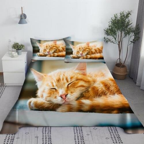 Sleeping Cat Bed Sheet Set Digital Printing Polyester Bedding Animal Flat Sheet With Pillowcase Bedlinen 1/1.2/1.35/1.5/1.8/2.0m