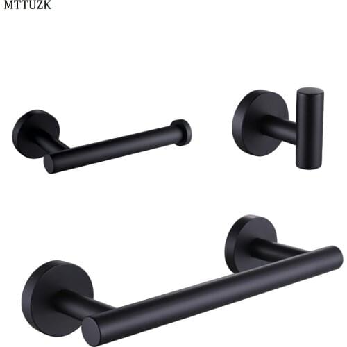 MTTUZK 304 Stainless Steel Bathroom Accessories Set 3piece/set Towel Bar Robe Hook Paper Holder Matt Black Bath Hardware Sets