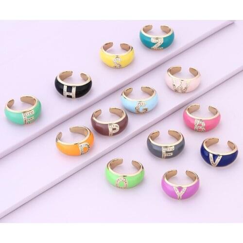 Origin Summer Lovely Full Shiny Rhinestone Letters Print Charm Rings for Women Girls Candy Color Metal Chunky Rings Accessories