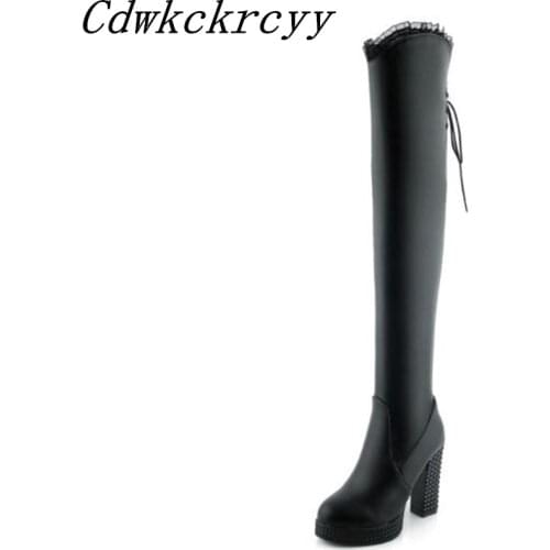 Autumn and winter New style grace Lace Over knee Boots fashion High-heeled black sexy Keep warm Women Boots plus size 34-43