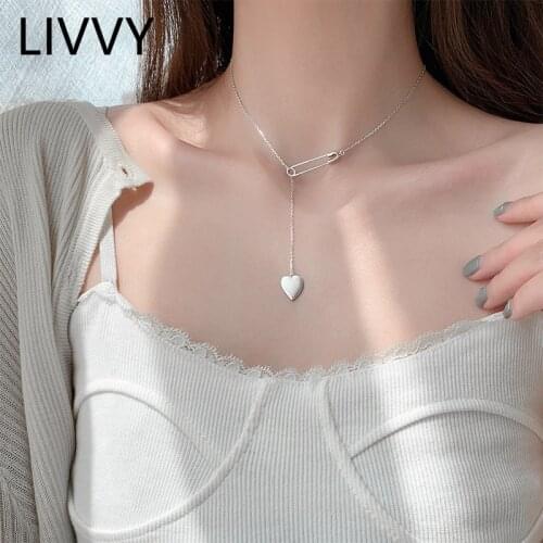 LIVVY Silver Color Fashion Creative Pin Heart Pendant Necklace for Women Girl Elegant Charming Jewelry Accessories