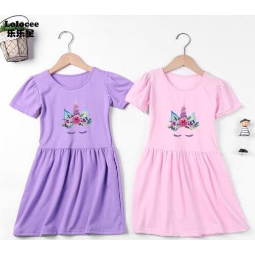 New 3-14Y Baby Girls Short Sleeve Princess Dress Summer Cute Flower Unicorn Dress Party Birthday Cotton Dress