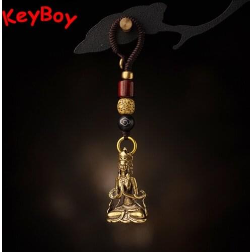 Handmade Woven Lanyard Brass Guan Yin Buddha Figurines Pendants for Keychains Retro Religious Bodhisattva Car Key Chain Hangings