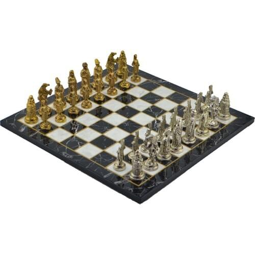 Gift Home Metal Chess Set Large Ottoman Shiny Stone and Flat Marble Patterned Chessboard