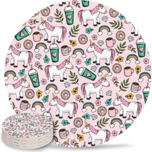 Pink Unicorn Sweet Placemats for Table Coffee Kitchen Accessories Table Decor Ceramic Coasters