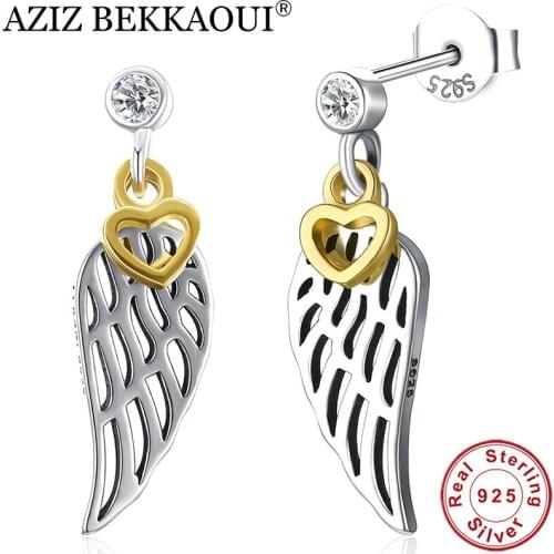 AZIZ BEKKAOUI 925 Sterling Silver Clear CZ Drop Earrings with Gold Color Hearts Wing Dangling Earrings for Women Fine Jewelry