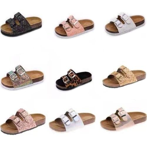 New Summer Sequined Men Ladies Slides Double Buckle Flip Flop Shoes Cork Slippers Sandals Hot Selling Open Toe Shoes Slippers