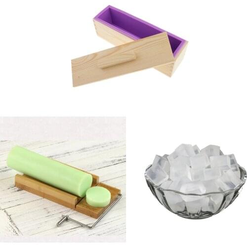 Handmade Soap Making Silicone Soap Mold Wood Box & Wooden Stainless Steel Soap Cutter Loaf Slicer & Clear Melt & Pour Soap Base