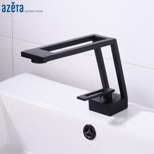 Azeta Hollow Design Basin Faucet Black Brass Bathroom Cold Hot Water Basin Mixer Tap Single Handle Deck Mounted Basin Tap AT666B