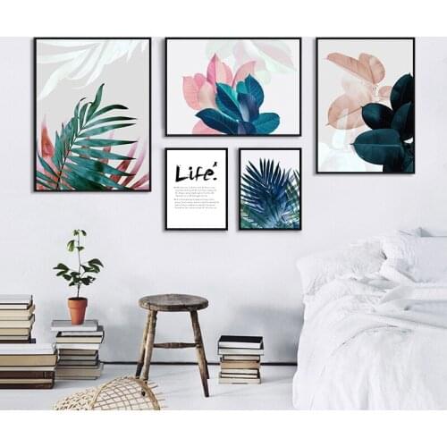 Modern Pink Flowers green plants Wall Poster print on canvas painting abstract painting wall art pictures for Living Room home