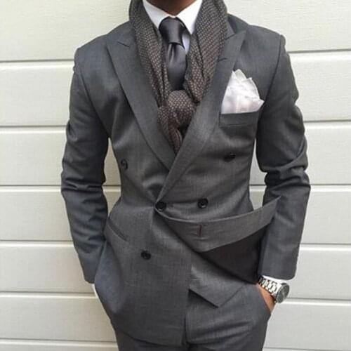 Dark Grey Double Breasted Slim Fit Men Suit 2 Piece Groom Wedding Tuxedo Tailor Made Prom Wedding Business Suit (Jacket+Pants)