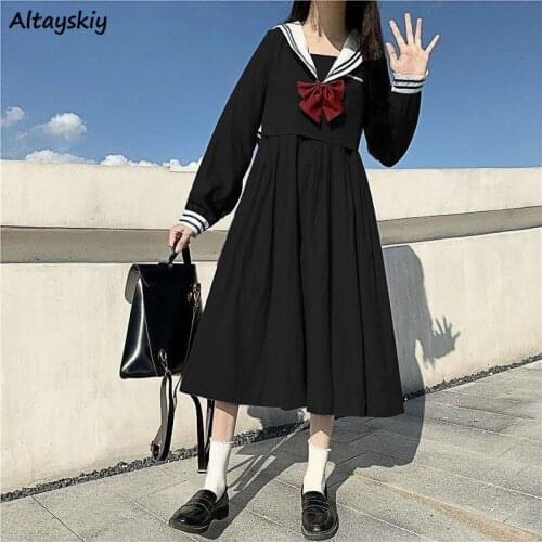 Spring Dress Women Sailor Collar Preppy Leisure JK Japanese Style Cute Fashion Harajuku Design Ladies Chic Solid Loose Ins Soft