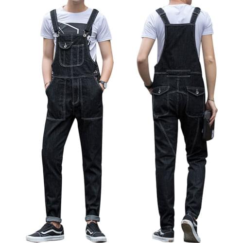 Spring Jeans Overalls Men Bib Straight Slim Denim Jumpsuits Fashion Pocket Workwear Pants Black Coverall Trousers Size S -5XL