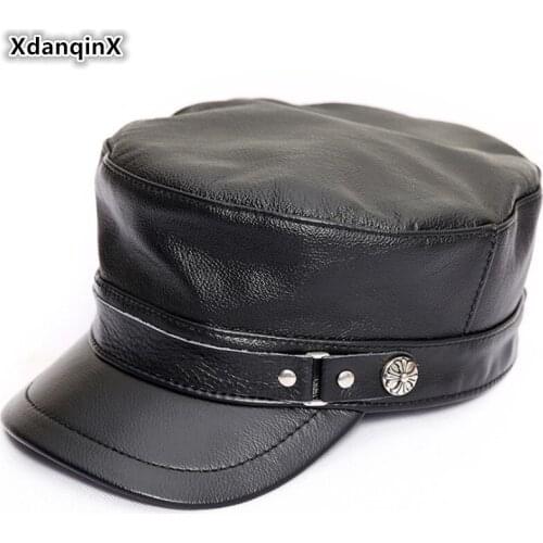 XdanqinX Autumn Winter Mens Army Military Hats Genuine Leather Hat Elegant Women Flat Cap Brands Cowhide Leather Cap Couple Hat