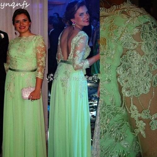 YNQNFS MD185 Elegant Chiffon 3/4 Long Sleeve Low Back Mint Mother of the Bride/Groom Dresses Outfits Wedding Party Dress 2019