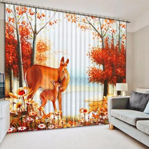 3D Curtain Home Bedroom Decoration Curtain Background Deer Oil Painting Maple Leaf Flower Red Curtains Window Curtain String
