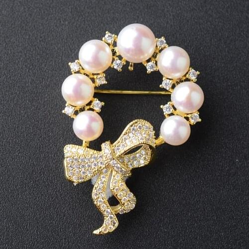 Womens 30X45mm Pearl Brooch Gold Plated Crystal Bowknot Brooch
