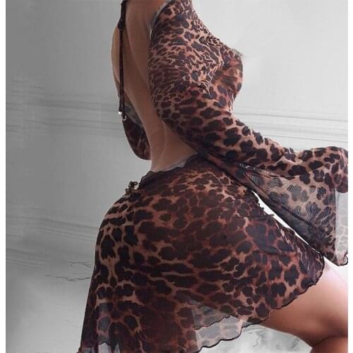 Spring Summer Women Short Cheetah Leopard Halter Backless Long Sleeve See Through Irregular Night Party Sexy Bodycon Dress K9320