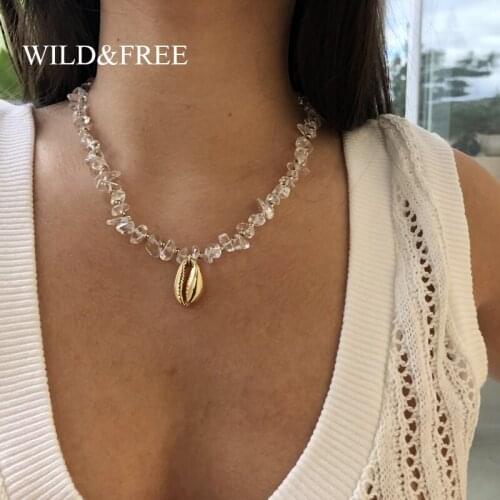 Wild&Free Gold Cowrie Shell Necklace For Women Seashell Charm Necklace Jewelry collier femme collar Choker White Stone Necklace
