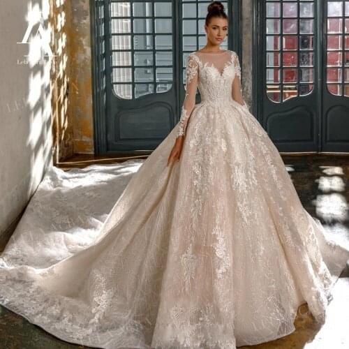 LelaAcra Long Sleeve Wedding Dress 2021 Glamorous Lace Up Royal Train Bridal Ball Gown Princess N201 Plus Size Vestido De Novia