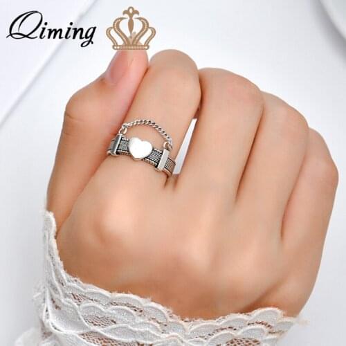 QIMING Link Chain Love Heart Women Rings Retro Vintage Jewelry Accessories Thai Silver Wide Band Adjustable Open Finger Ring