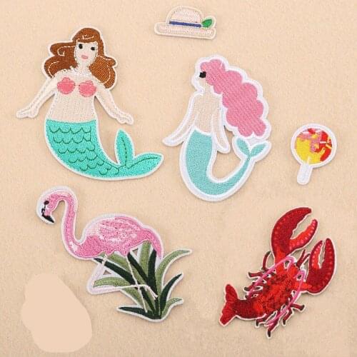 10pcs/lot Embroidery Patch Mermaid Flamingo Crab Hat Candy Clothing Decoration Accessories Iron Heat Transfer Applique