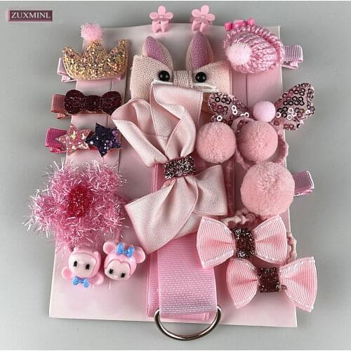 18pcs Children Hair Clip And Hair Band Set Baby Girl Head Flower Fabric Bow Barrettes Kid elastic Pompom Headband Accessory Gift