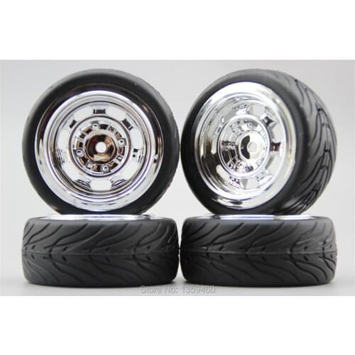 4pcs RC 1/10 Soft Rubber On Road Car Tire Tyre Wheel Rim Classic2C 6mm Offset(Chrome) 11086+Rubber Tire