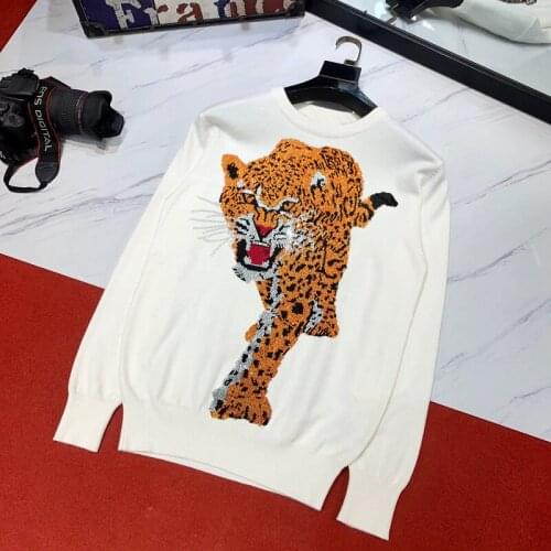 European Round Neck Mens Sweater Autumn And Winter Big Tiger Rhinestone Personality Good Quality Brand Slim Pullover
