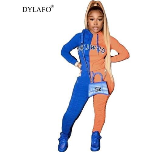 2 Piece Set Letter Women Tracksuit Patchwork Embroidered Pleated Hoodie Sweat Suit Pullover Two Piece Pants Set Ladies Sweatsuit