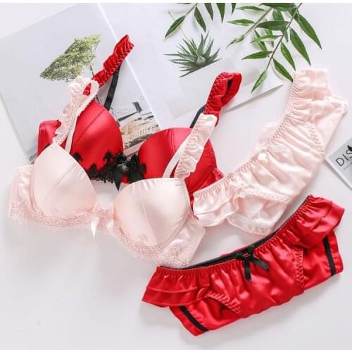 Satin Shiny Sexy Cute Womens Japanese Bra & Panties Set Wirefree Soft Underwear Sleep Intimates Set Lolita