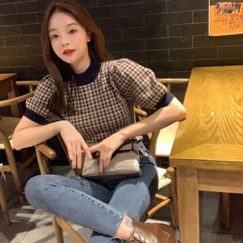 Korobov Vintage Plaid Knit Sweaters Korean O Neck Short Sleeve Pullovers