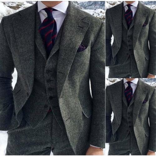 Mens Check 3 Piece Suit Herringbone Vintage Peaky Blinders 1920s Trim Work Occasional Wedding Party Prom Wedding Tuxedos