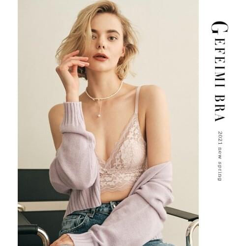 Lace sexy deep vest-style triangle cup no buckle big breasts small bra sling beauty back bra underpants plus size underwear set