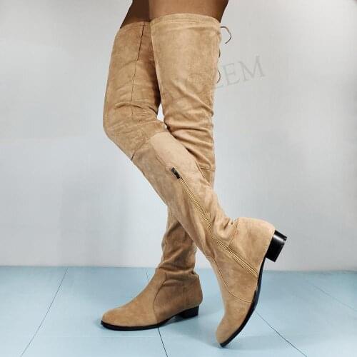 LAIGZEM Camel Faux Suede Women Over Knee Boots Zip Low Heels Boots Thigh High Basic Boots Shoes Botines Botas Size 47 50 51 52