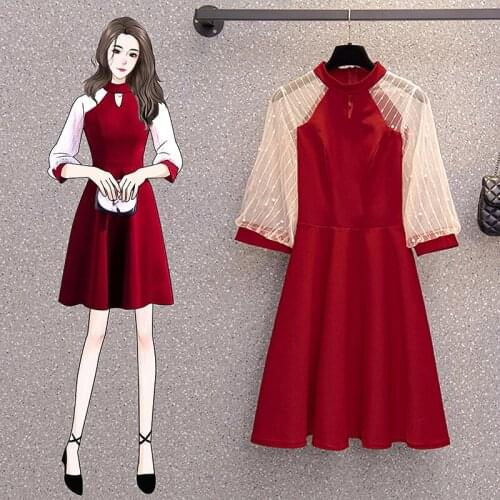 EHQAXIN Summer Plus Size Women Dress Fashion Stand-Up Collar Hollow Polka Dot Mesh Splicing Hedging Mid-Waist A-Line Dress L-5XL