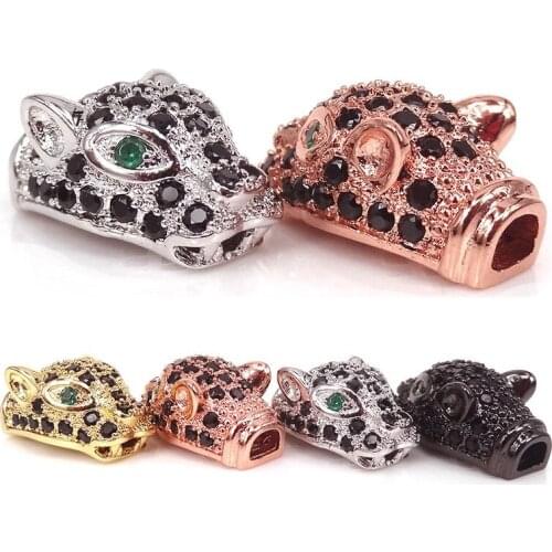 Copper Leopard Lion Head Charm Bead Pave Black CZ Cubic Zirconia Spacer Beads Fitting Bracelet Making Jewelry DIY Findings
