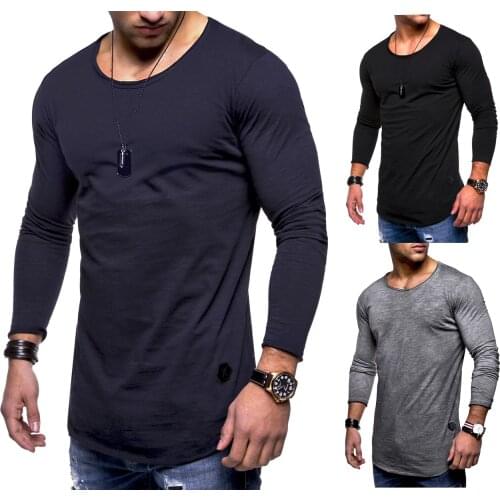 Mens Long Sleeve T-shirt Round Collar Casual Plain Cotton T-shirt Man