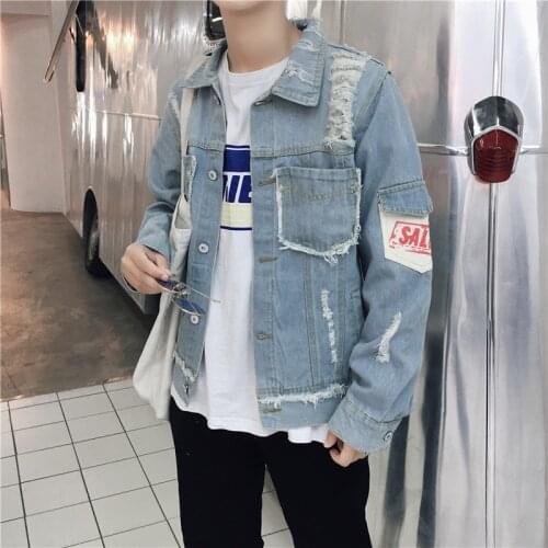 Harajuku bf wind mens ripped washed denim jacket Korean style loose fashion jacket trendy jacket