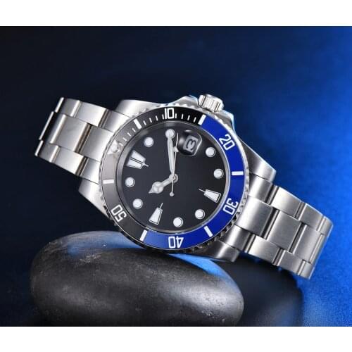 Mens Watch Automatic Movement 40mm black Aseptic Dial Ceramic Rotating Bezel Stainless Steel Bracelet
