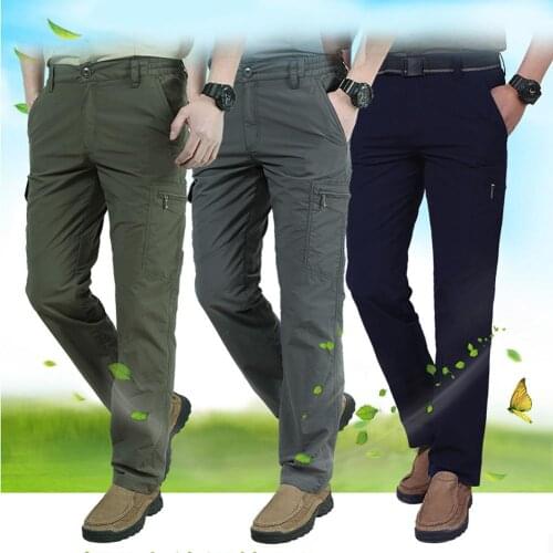 Men Casual Solid Color Pocket Thick Breathable Trousers Quick Dry Cargo Pants
