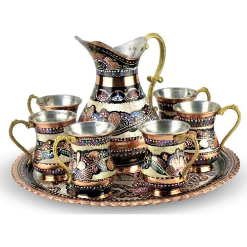 Copper Pitcher Set of 6 Water Pitcher Mug Large Cup Jug Set Copper Juice Pitcher Set Carafe 2 L (70 fl) Handmade MADE IN TURKEY