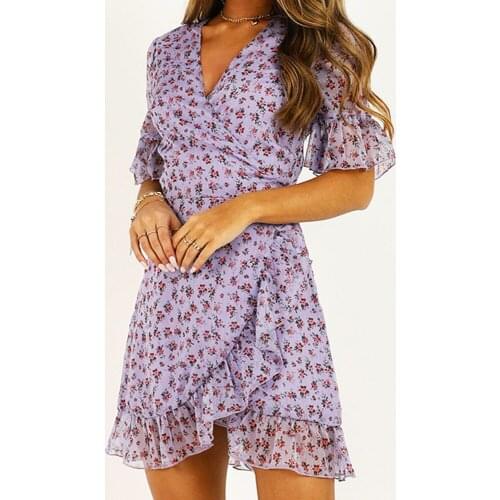 New Hot Sale Women Lilac Floral Wrap Dress Summer Elegant Flare Sleeve Boho Print Mini Sundress Sexy V Neck Ladies Clothes 2021