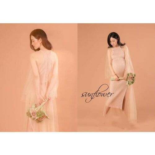 Shoulderless Maternity Dresses For Photo Shoot Maxi Gown Rainbow Mesh Women Pregnant Photography Props Long Pregnancy Dress