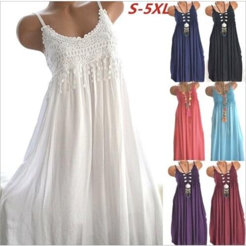 Sexy Spaghetti Strap Dress Women Casual Lace Tassels Patchwork Mini Dress Lady Backless Vestidos Beach Dresses Plus Size Summer