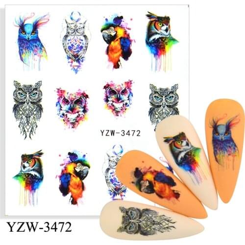 Water Nail Sticker Watercolor Animals Colorful Owl Decals Design For Manicure Sliders Nail Art Decorations Nails Accessories