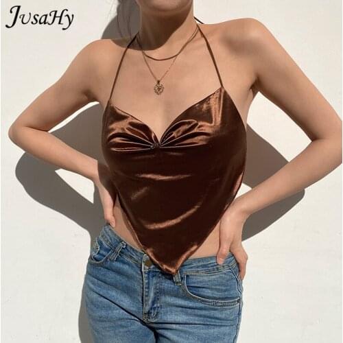 JuSaHy Sexy Summer Solid Crop Top for Women Fashion Sleeveless Halter Backless Camisole Casual Streetwear Female Outfits Hot
